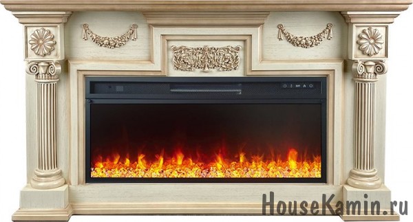 Каминокомплект London (слоновая кость с патиной) с очагом Royal Flame Vision 42 LED (кристаллы и галька)