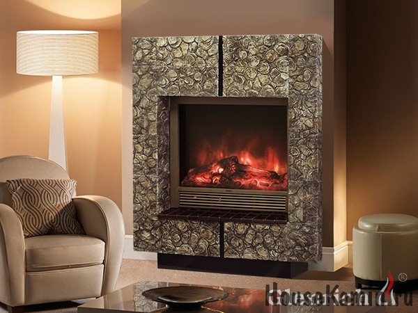 Каминный комплект: Портал Давинчи Ш-33 (браун) с электрокамином Sharm 33 Brass с пультом ДУ
