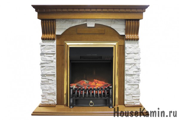 Каминокомплект Dublin арочный сланец белый с очагом Royal Flame Fobos FX Brass (со звуком)
