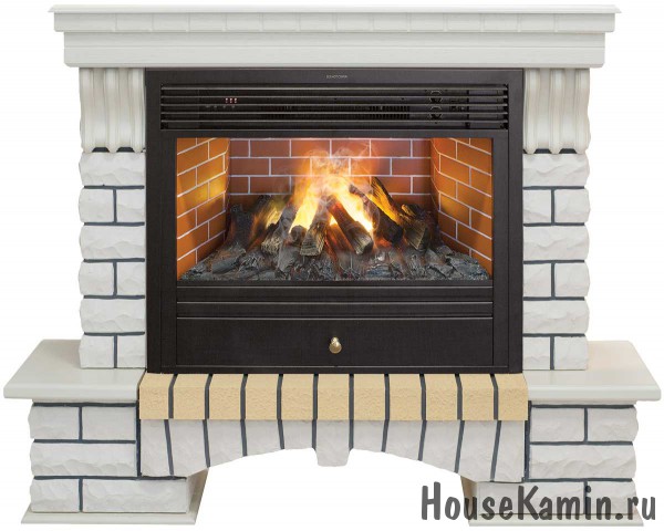 Каминокомплект COUNTRY NOVARA 26 WT (белый дуб) с 3D электрокамином Novara 26 с реалистичным эффектом живого огня