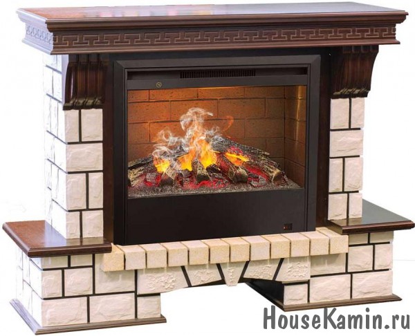Каминокомплект STONE NEW 26 AO (античный дуб) с электрокамином 3D Helios 26 с реалистичным эффектом живого огня 3D