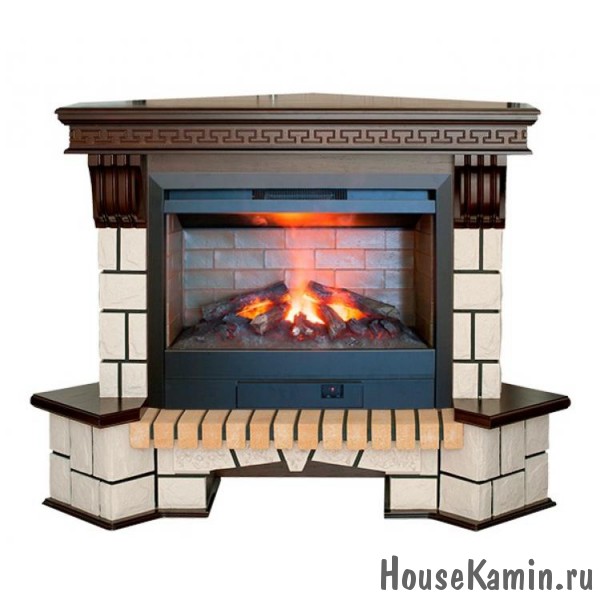 Каминокомплект STONE NEW CORNER 26 AO (античный дуб) с электрокамином 3D Helios 26 с реалистичным эффектом живого огня 3D