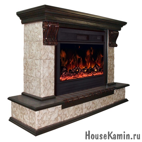 Каминный комплект: Портал Панорама Керамика Песчаник с электрокамином Premier (Karina) 28W с ПДУ