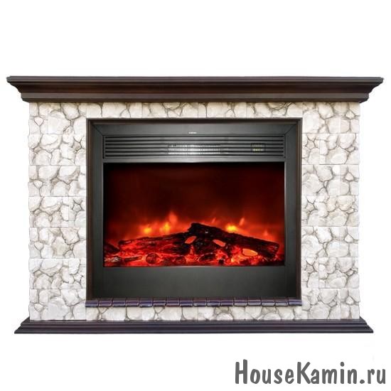 Каминный комплект: Портал Пафос К Карелия с электрокамином Sharm 39 Black с ПДУ